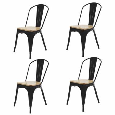 Imagem de Kit 4 Cadeiras Para Mesa De Jantar Cozinha Sala Tolix Metal Industrial Com Assento De Madeira Preto