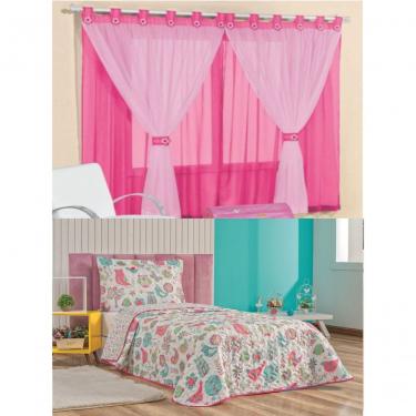 Imagem de Cortina Juvenil Quarto Menina E Colcha Matelada Coruja - Pink - 100% Poliéster