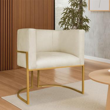 Imagem de Poltrona Dália Luxo Moderna Estofada Design Sofisticado Com Base De Ferro Dourado Bouclé Bege