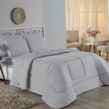 Imagem de Kit Edredom Dupla Face + Jogo De Lençol Solteiro Nobre 4 Peças Malha 100% Algodão - Cinza