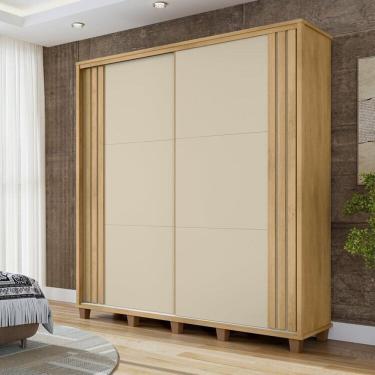 Imagem de Guarda-roupa Casal Monte Carlo com 2 Portas de Correr Ripada 4 Gavetas Internas e Maleiros Cinamomo/ Off-White