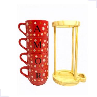 Imagem de Xícaras Café Vermelho Hotel 200ml C/ Suporte Pinus - Amor - Lu Porcela