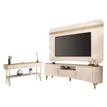 Imagem de Rack Bancada Elara E Painel Armony Com Aparador Vivant Off White Champanhe - Hb Móveis