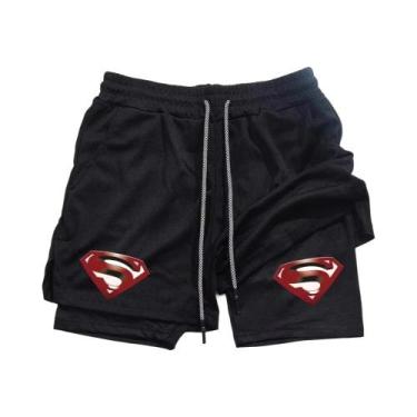 Imagem de Shorts De Treino Masculinos 2 Em 1 Com Estampa De Super-Herói, Bolso P