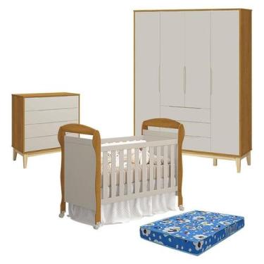 Imagem de Quarto de Bebê 4 Portas com Cômoda Gaveteiro Elfe Classic e Berço Amer