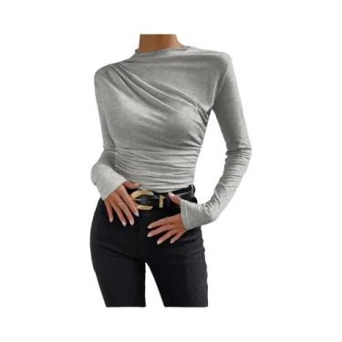 Imagem de Camiseta Cropped Feminina De Manga Longa Branca Básica Com Decote Assi