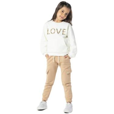 Imagem de Conjunto Infantil Moletom Blusão Love Bordado e Calça Cargo Bege Vrasa