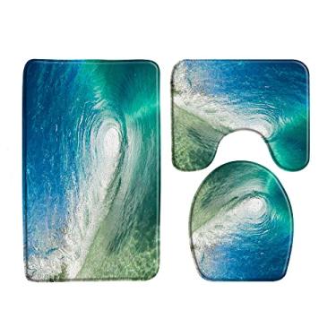 Imagem de Tapete de banho de água do mar do oceano azul tapete de banheiro conjunto de 3 peças fundo do mar animal peixe flanela antiderrapante almofada em forma de U conjuntos de decoração de banheiro, 33655J, 450MMx750MM