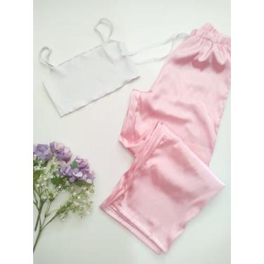 Imagem de Pijama Confortável Em Cetim Calça Rosa E Top Branco - Myntimates