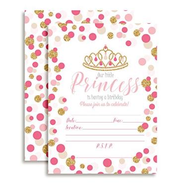 Imagem de Convites de festa de aniversário de princesa de bolinhas com glitter rosa e dourado, 50 cartões de 12,7 cm x 17,7 cm com vinte envelopes brancos da AmandaCreation
