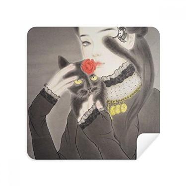 Imagem de Beauty Black Cat Chinês Estilo Aquarela Óculos Pano Limpador de Tela Tecido Camurça Pacote com 2