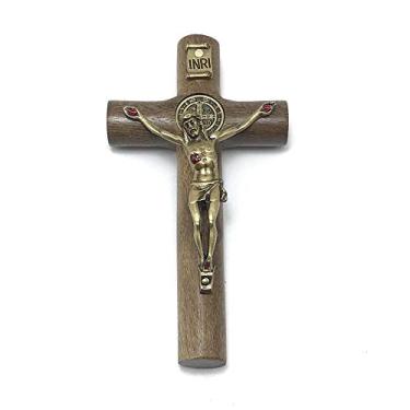 Imagem de Crucifixo Parede Cilíndrico Cristo Metal São Bento Dourado Pequeno 12 cm