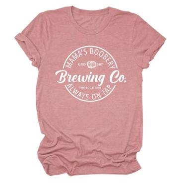 Imagem de Camisetas Mamã's Boobery Brewing Go Always On Tap Camiseta feminina com slogan divertido pulôver de amamentação humor top dia das mães, Letra branca, ouro rosa, M