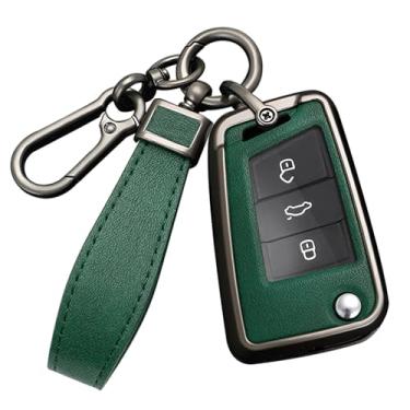 Imagem de HIBEYO Capa de chave para VW Golf 7 Capa de chave de carro para Volkswagen Polo Tiguan MK7 Sagitar T-ROC Lavida acessórios com chaveiros liga PU material de couro protetor porta-chaves - preto verde