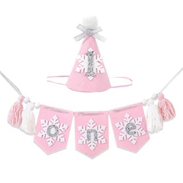 Imagem de Faixa de cadeira alta de inverno Onederland – Conjunto de decoração de 1º aniversário de floco de neve, guirlanda de borlas de feltro e chapéu de floco de neve de 1º aniversário de inverno Onederland