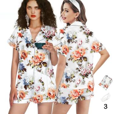 Imagem de 3 peças de pijama de seda PP-4GG feminino pijama de cetim curto floral pijama noiva macio pijama conjunto de shorts, Branco-a11, GG