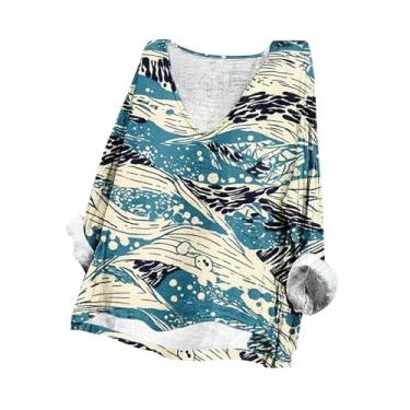 Imagem de Camisetas femininas de linho de verão 2024 modernas com estampa boho blusas femininas para férias para sair, túnicas elegantes casuais, Azul claro, M