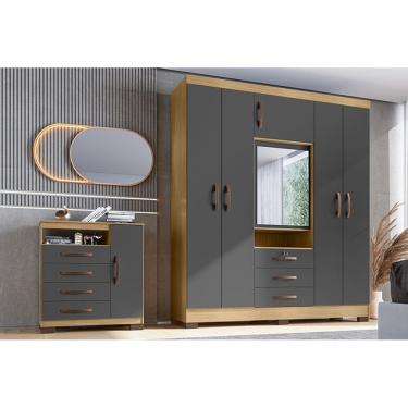 Imagem de Kit Guarda Roupa Casal Roma 6 Portas com Espelho e Cômoda Sapateira 4 Gavetas Aspen I01- Clique Chique Móveis