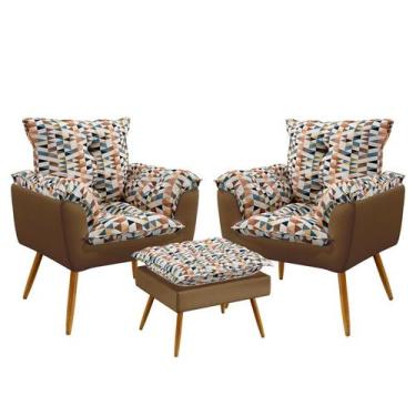 Imagem de Kit 2 Poltronas Decorativas Beta com Puff Lunar Sued Estampado Laranja