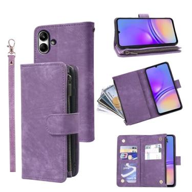 Imagem de Capa carteira compatível com Samsung Galaxy A05 e capa de celular de couro vintage premium com suporte para cartão de crédito para Ao5 A 05 masculina roxa