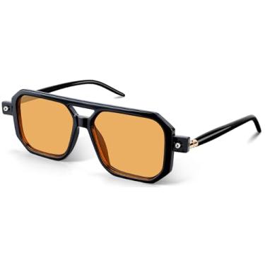 Imagem de AGGKKY Óculos de sol aviador vintage quadrado dos anos 70 para mulheres e homens, armação retrô, elegante, UV400, óculos de sol modernos, Armação preta e lente laranja, M
