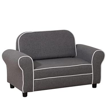 Imagem de Cadeira de sofá infantil, tecido de linho com 2 assentos e sofá estofado, presente para crianças Cinza