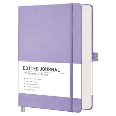 Imagem de RETTACY Caderno de diário pontilhado, 320 páginas numeradas, tamanho médio A5 (14 cm × 21 cm), capa dura de couro, papel grosso 100 GSM, para diário, planejamento, rastreamento (roxo)