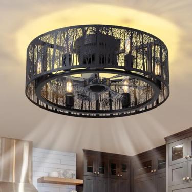 Imagem de MOOONICHE Ventiladores De Teto De Gaiola Embutidos Estilo Fazenda De 20" Com Luzes, Ventilador De Teto Rústico Preto De Perfil Baixo Com Luz E Controle Remoto, Ventilador Pequeno Tipo Lustre Sem Lâm