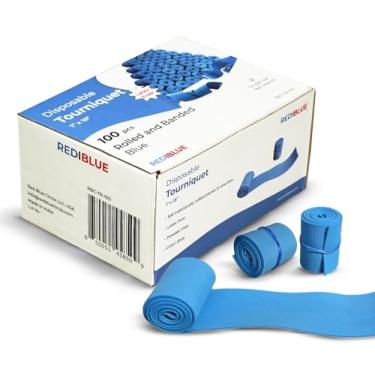 Imagem de REDIBLUE Torniquete Descartável [Pacote Com 100] - Sem Látex, Resistente A Rasgos, Torniquetes De Uso Único Para Primeiros Socorros, Médicos, Clínicos, Compactos E Portáteis 1" X 18"