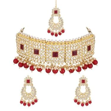 Imagem de I Jewels Colar indiano banhado a ouro Bollywood Kundan & Pearl Chocker Conjunto de joias com brincos e Maang Tikka para mulheres (K7286M)