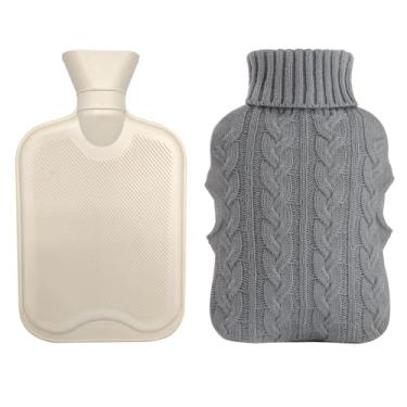 Imagem de Bolsa Térmica de Água Quente 2 Litros com Capa de Tricô - Para Compressa Quente Ou Fria, Esquentar Mãos e Pés, Alivia Cólicas e Dores Musculares (Cinza)