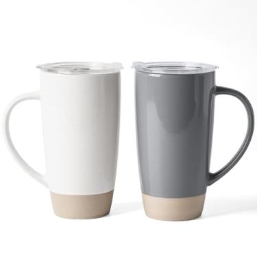 Imagem de famiware Canecas de café Milkyway, caneca de café grande de 590 ml, conjunto de 2 canecas de cerâmica com tampa, conjunto de copos com alça para latte, chá, cacau, leite, casa e escritório, branco e