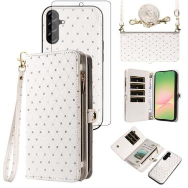 Imagem de Capa de celular para Samsung Galaxy A56 5G Carteira com zíper destacável com protetor de tela transversal alça de cordão Bling Glitter Flip porta-cartões A 56 56A LTE mulheres homens meninas branco