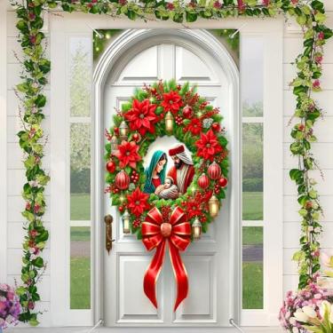 Imagem de BlissYard Faixa de Natal para porta de presépio 188 x 89 cm, guirlanda de poinsétia da família sagrada com lanternas, decoração religiosa, para ambientes internos e externos, varanda, parede, inverno