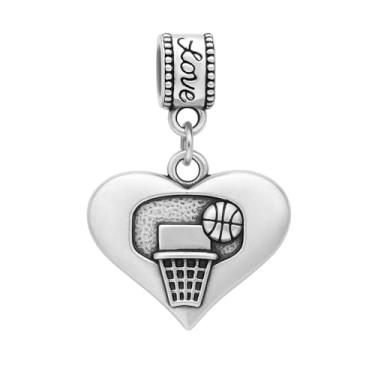 Imagem de Argola de basquete com pingente de coração – Pingente banhado a prata para pulseiras e colares – Compatível com Pandora, Troll, Chamilia e pulseiras europeias – Joias e acessórios de basquete