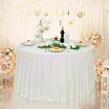 Imagem de Eternal Beauty Toalha de mesa de lantejoulas, toalha de mesa redonda de lantejoulas de 300 cm para festas, bolos, sobremesas, eventos de exibição, branca, iridescente