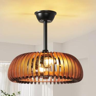 Imagem de mnikopE Ventilador de teto com gaiola de 50 cm com luz, ventilador de teto de madeira de baixo perfil com luz e controle remoto, 6 velocidades e reversível, lustre de fazenda sem lâminas para quarto