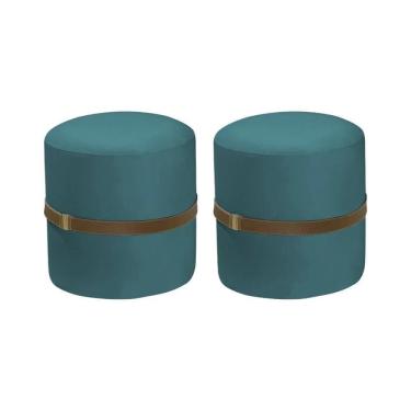 Imagem de Kit 2 Puffs Decorativos Redondo Old Com Cinto Estofado Veludo Azul
