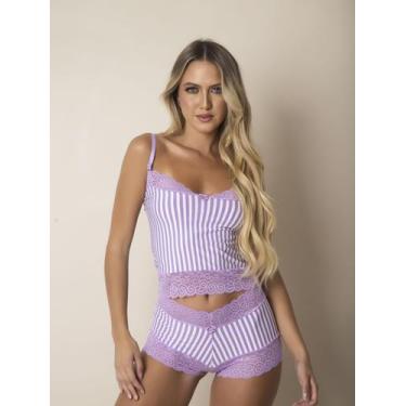 Imagem de Baby Doll Josiane Short Dool Listrado Fresquinho Rendado Pijama Femini