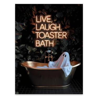 Imagem de Cute Ghost In Bathtub Poster Horror Halloween Canvas Wall Art Live Laugh Toaster Bath Picture Painting 30,5 x 40,6 cm Impressões assustadoras góticas escuras sem moldura para casa de banho, casa de