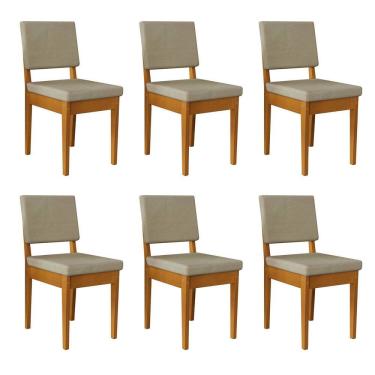 Imagem de Kit 6 Cadeiras 100% Madeira Maciça Encosto e Assento Estofado Miami Cerejeira/Palha