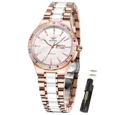 Imagem de OUPINKE Relógios de pulso femininos automáticos com diamante de luxo com corda automática, aço inoxidável, cristal de safira, cerâmica, relógios de pulso femininos