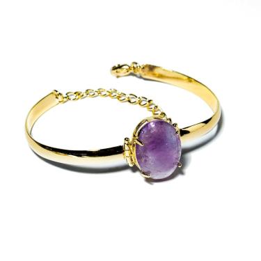 Imagem de 05 Bracelete Ametista Pedra Natural Mini Cabochão Dourado