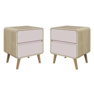 Imagem de Kit Conjunto 02 Mesas De Cabeceira Canto Curvo Com 02 Gavetas E Pés Palito Retrô Carvalho Araguaia