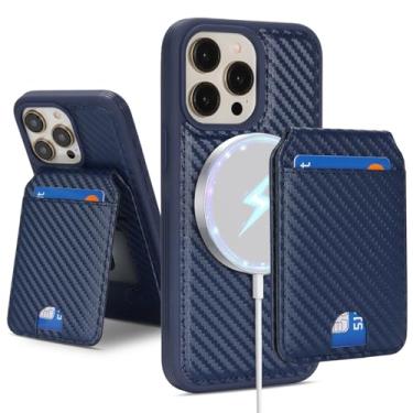 Imagem de Havaya Capa carteira compatível com MagSafe para iPhone 15 Pro Max - Capa magnética destacável 2 em 1, fibra de carbono texturizada, com compartimentos para cartões e carregamento sem fio - azul