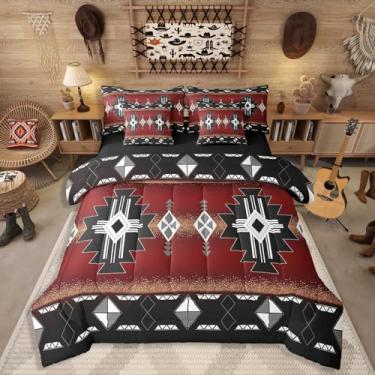 Imagem de Erosebridal Jogo de cama solteiro rústico ocidental de 7 peças, para quarto de meninos, adolescentes, homens, exótico, nativo americano, vintage, boêmio, geométrico, vermelho, preto