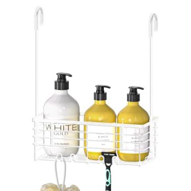 Imagem de DELLAN Suporte de chuveiro suspenso, suporte de chuveiro pendurado para banheiro, rack de chuveiro com ganchos sobre a porta, suporte de chuveiro e cesta de banheiro (branco)