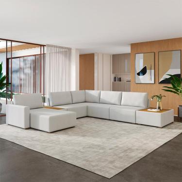 Imagem de Sofá de Canto Decorativo Sala de Estar 715cm Modulado Takashi com Chaise e Puffs Linho Off White G45 - Gran Belo