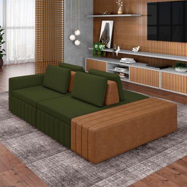 Imagem de Sofá Ilha com Encosto e Almofadas Móveis Olimpo 285cm Modulado Linho/PU Verde/Caramelo G45 - Gran Belo
