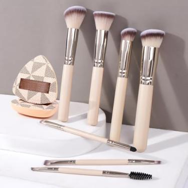 Imagem de Conjunto de pincéis e puff de maquiagem com cabo de madeira de 9 peças, toque suave, aplicação suave para base, blush, sombra e contorno (tez)